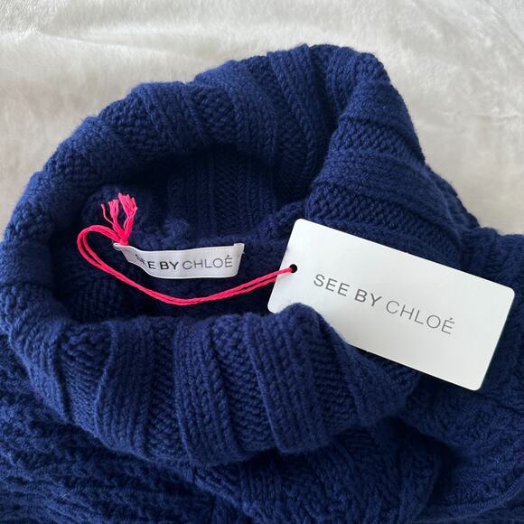 See By Chloe Sweater Womens 6 Navy Wool Blend Textured Chunky Fisherman Tunic - Picture 5 of 13
